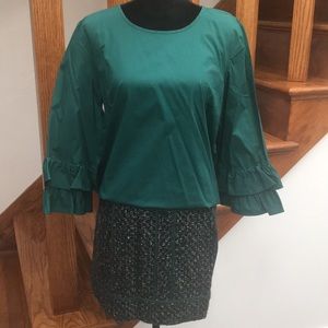 J. Crew Emerald Green 3/4 Sleeves with Ruffles Top